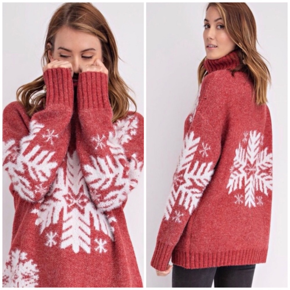 LAST1️⃣//RED SNOWFLAKE TURTLENECK SWEATER - Picture 1 of 6
